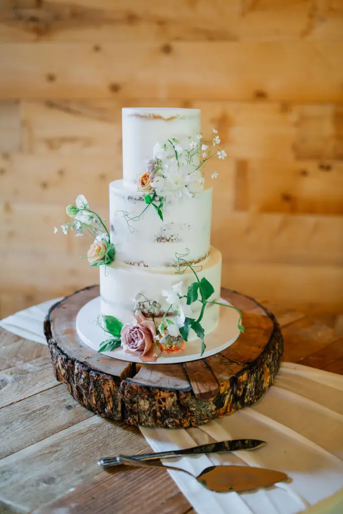 semi naked three tier rustic wedding cake, Sweet E's Bakery, Utah